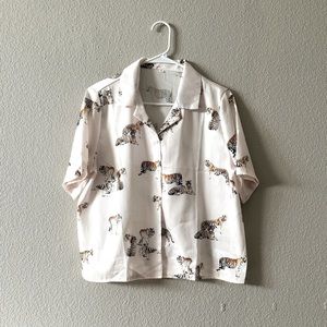 Beige silk tiger button down